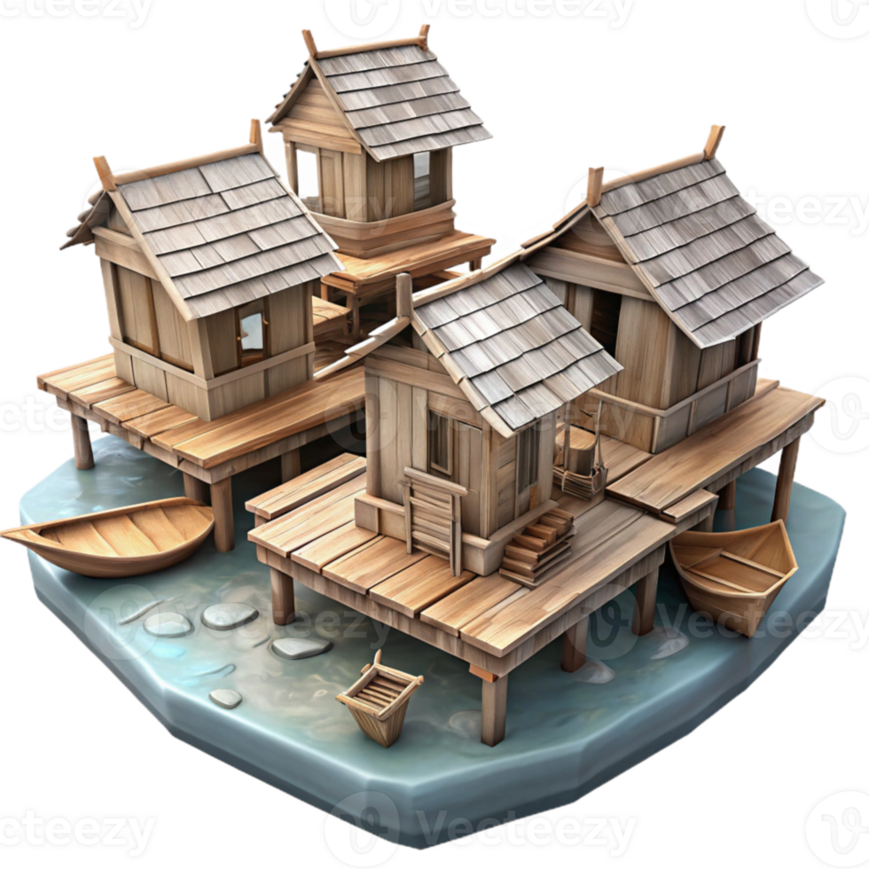 elegant rustic Floating Village with Wooden Huts Isolated authentic png