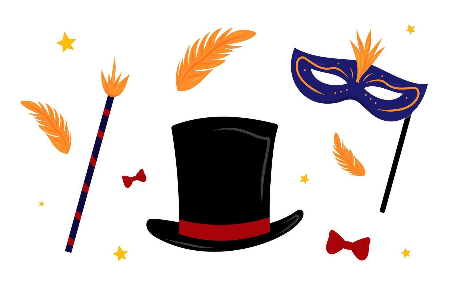 Colorful carnival decorations featuring a top hat, mask, and feathers vector