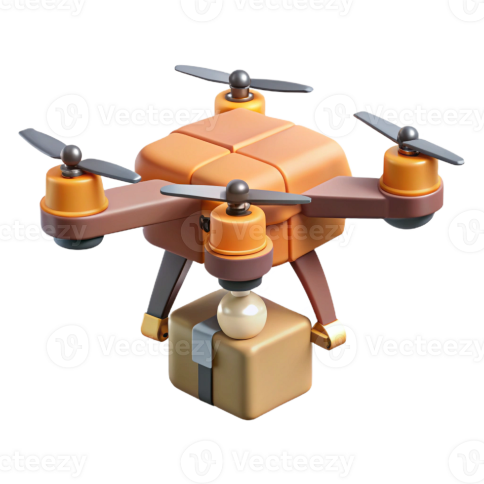 serene contemporary Flying Drone Delivery Service Quadcopter Side View Transparent Background detailed png
