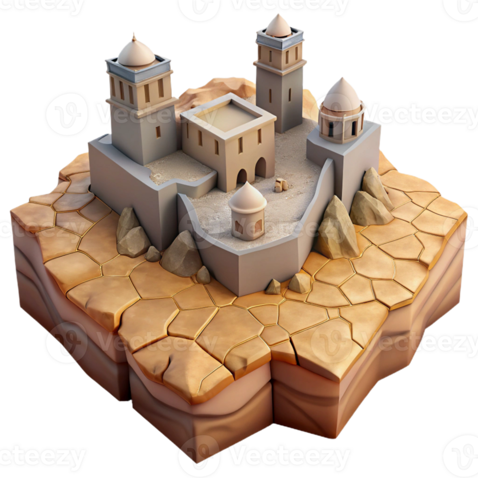 serene traditional Forgotten City Through Cracked Desert Sand Isolated professional png