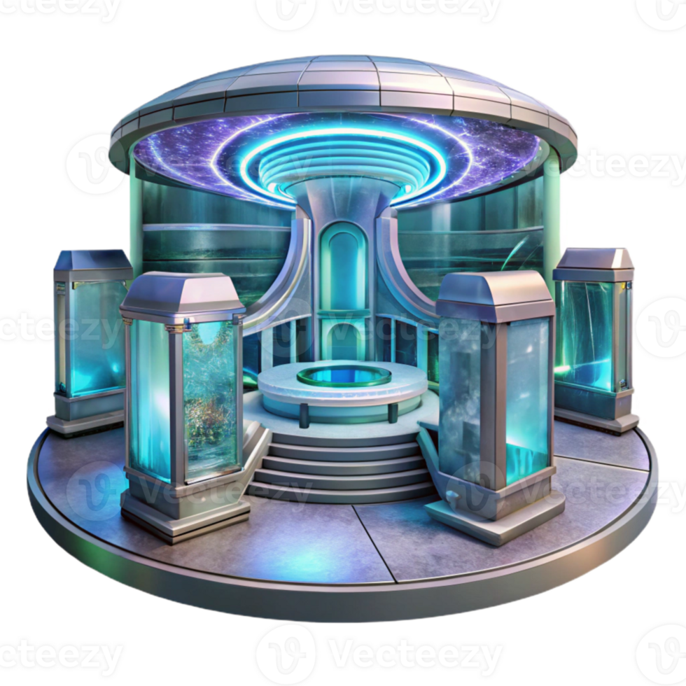 extraordinary traditional Futuristic Building Interior with Holographic Displays Transparent Background high resolution png