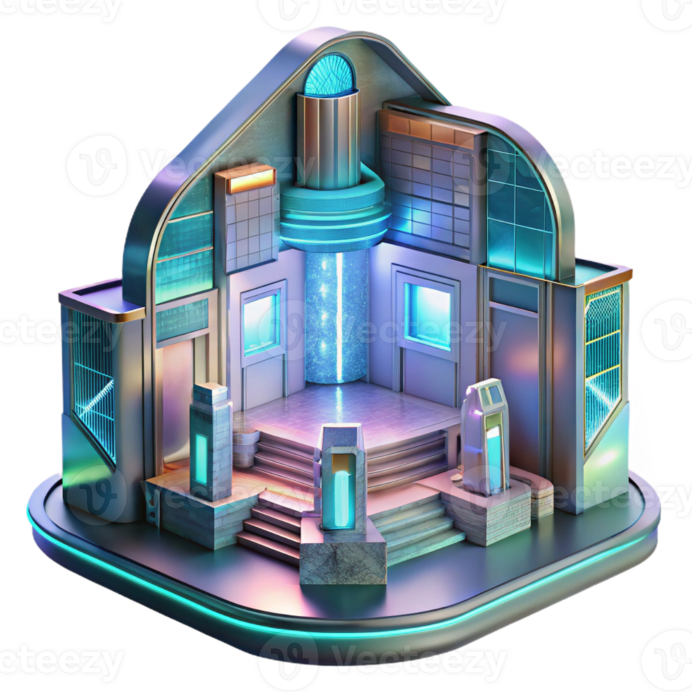 wonderful minimalist Futuristic Building Interior with Holographic Displays Transparent Background high quality png