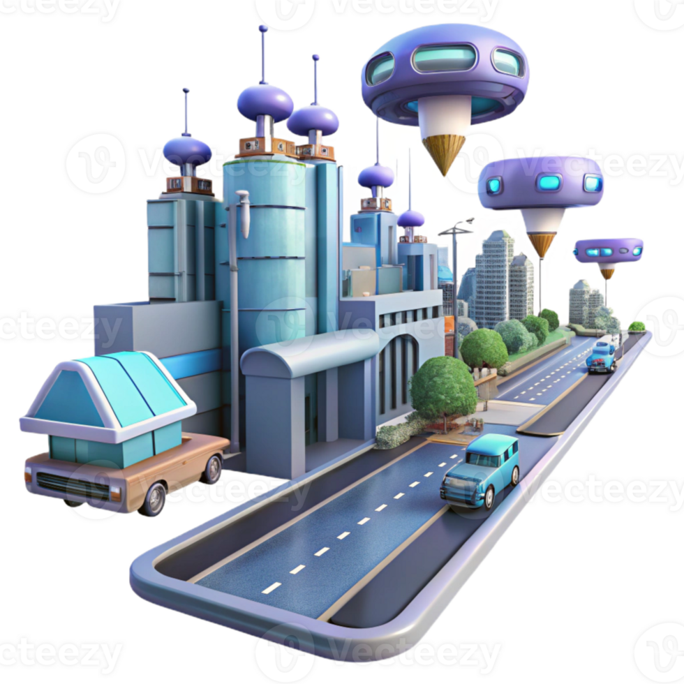 beautiful classic Futuristic City Street with Flying Vehicles Isolated png