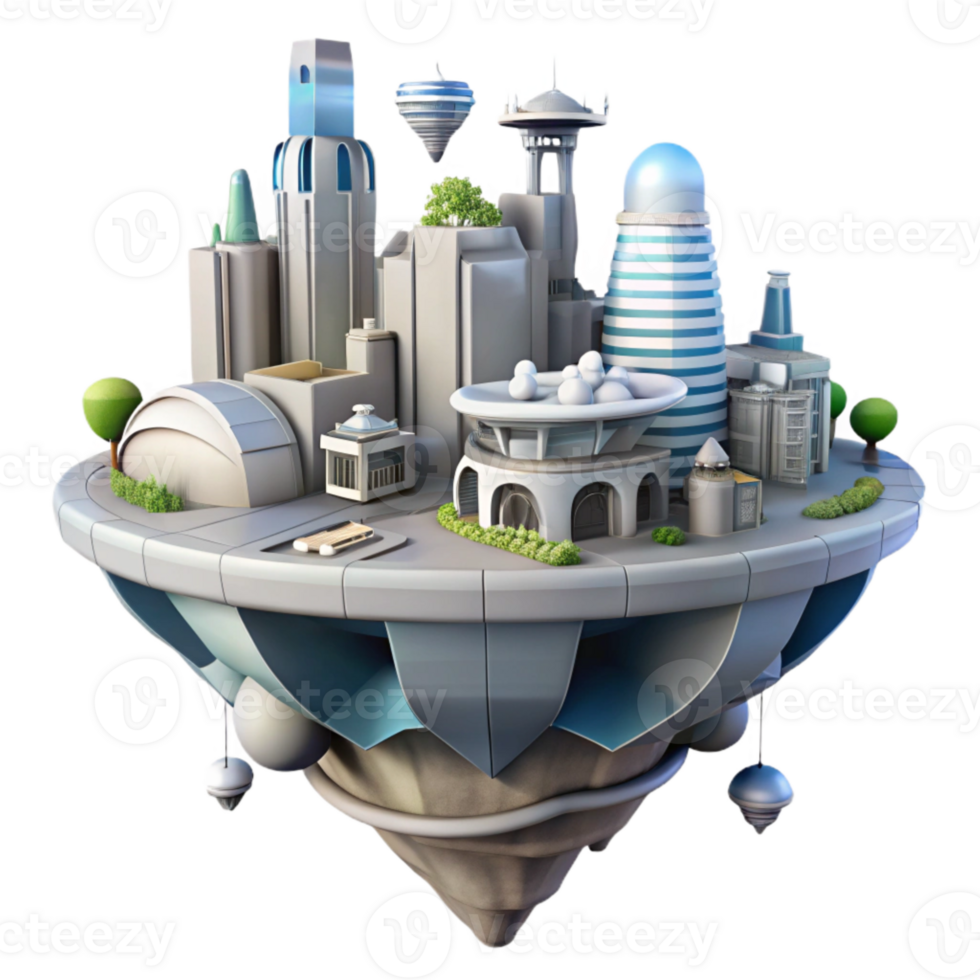 wonderful vintage Futuristic Floating City with Flying Vehicles Cutout high resolution png