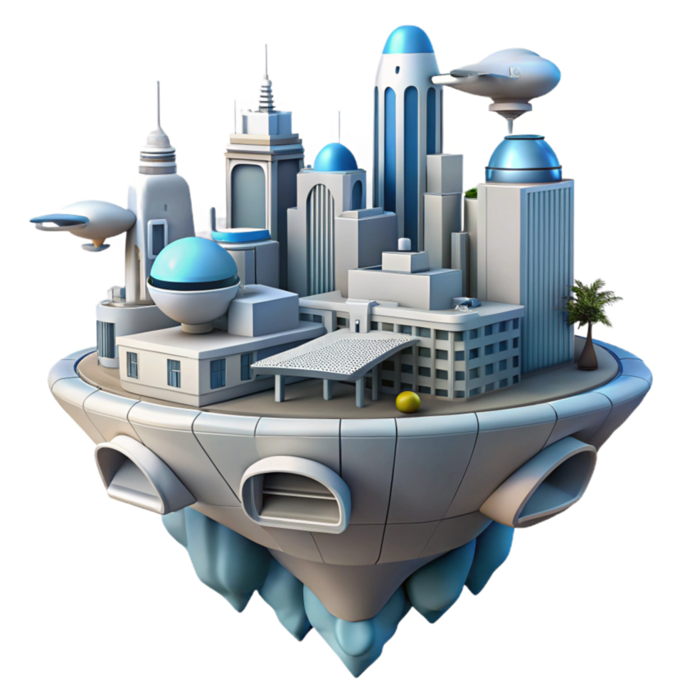 magnificent modern Futuristic Floating City with Flying Vehicles Cutout premium png