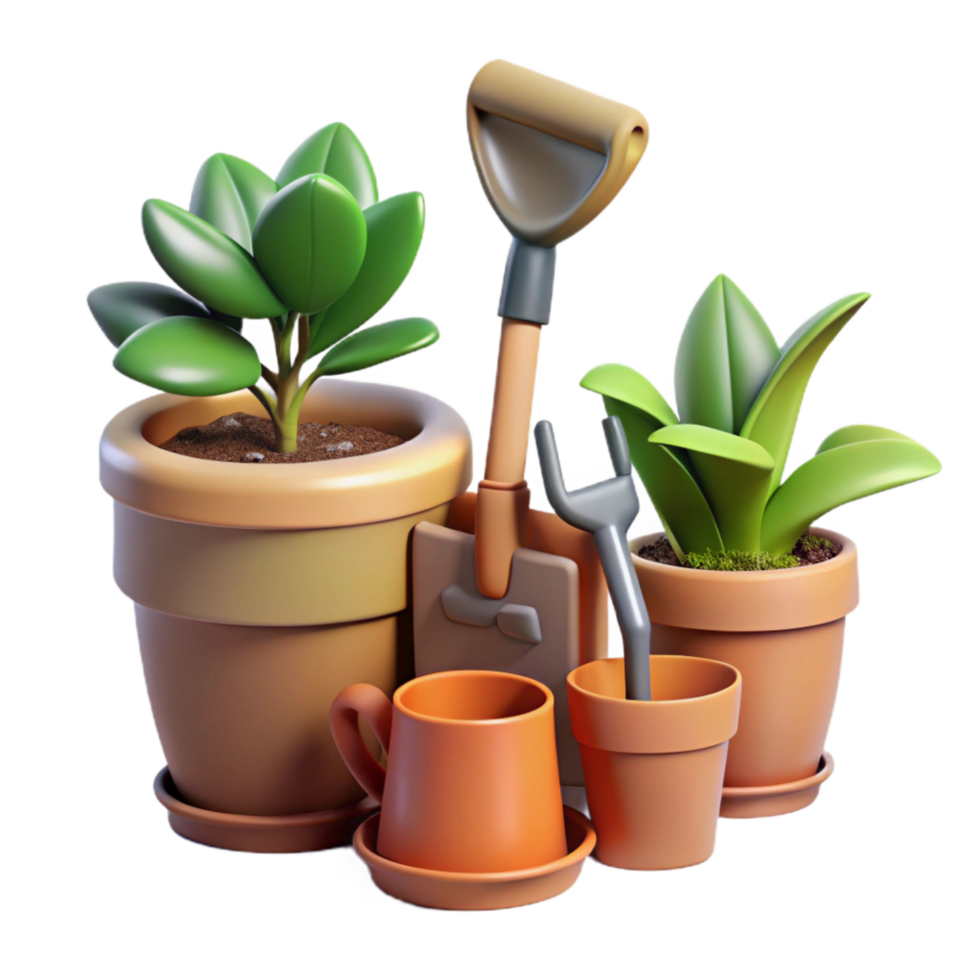 beautiful traditional Gardening Tools and Potted Plants Transparent Background genuine png