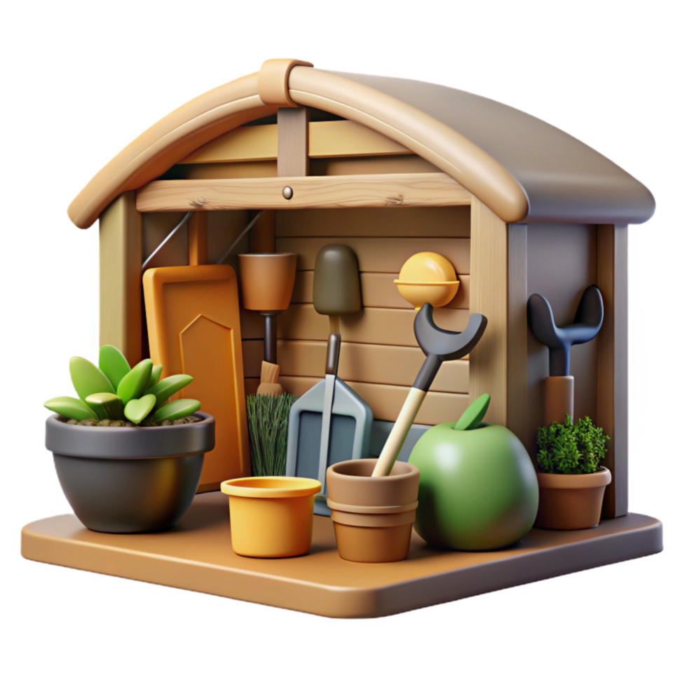 wonderful minimalist Gardening Tools in Shed Side View Cutout with Earth Tones authentic png