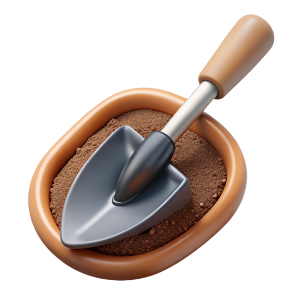 impressive rustic Garden Trowel and Potting Soil Top Angle Transparent Background high quality png