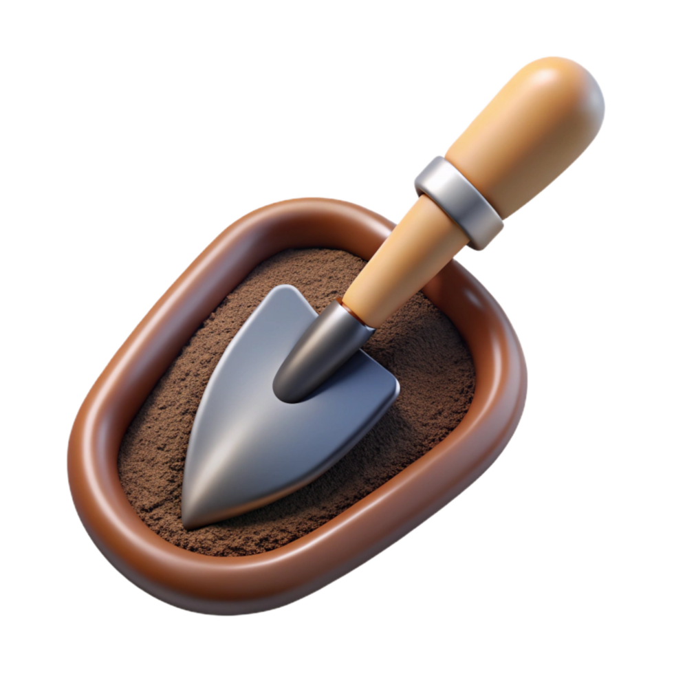 extraordinary creative Garden Trowel and Potting Soil Top Angle Transparent Background professional png