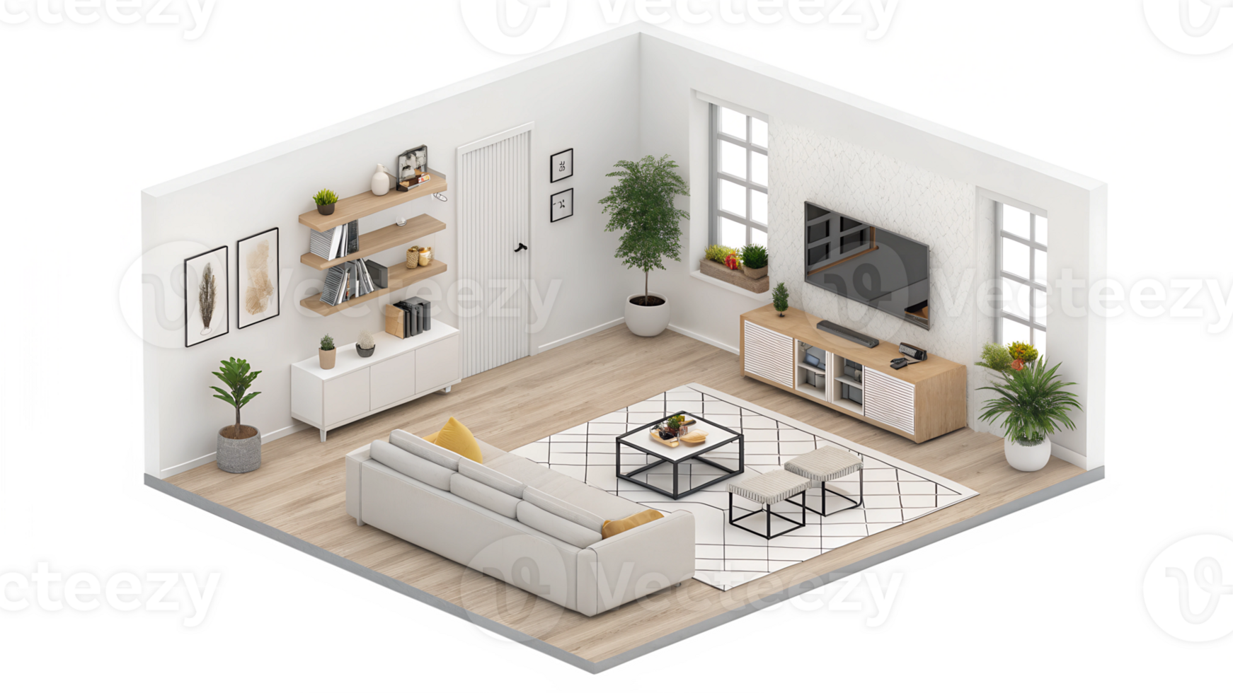 Modern living room design with stylish decor png