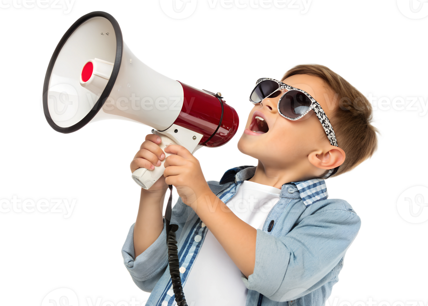 Child enthusiastically using a megaphone outdoors png