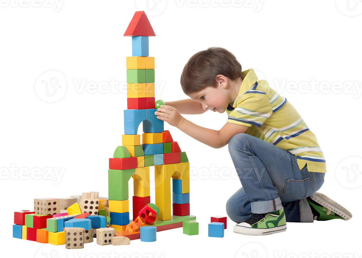 Young boy building colorful tower with blocks png