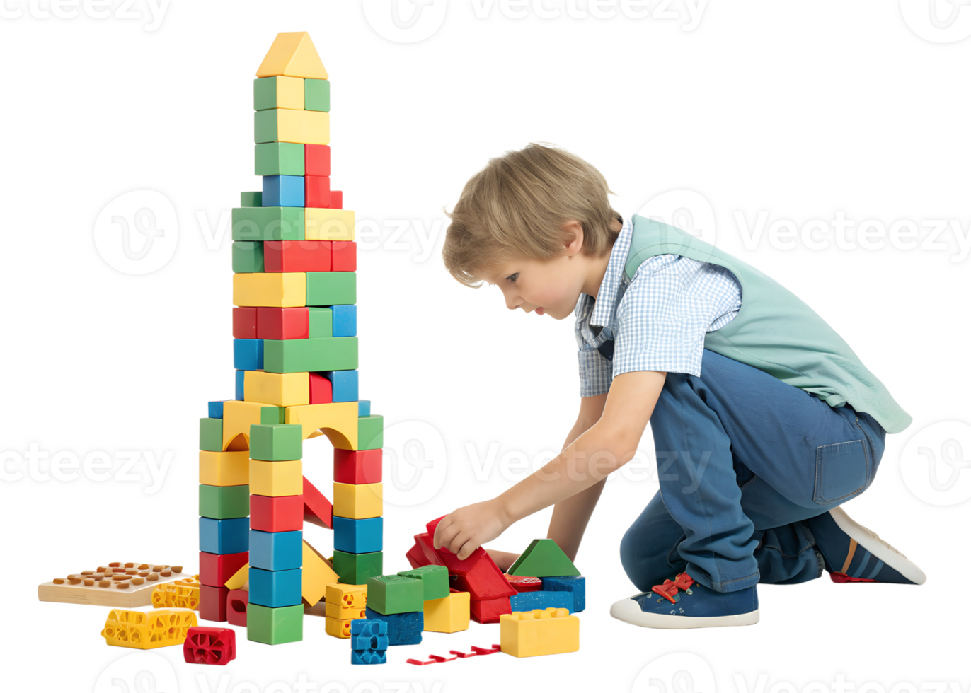Boy builds with colorful blocks png