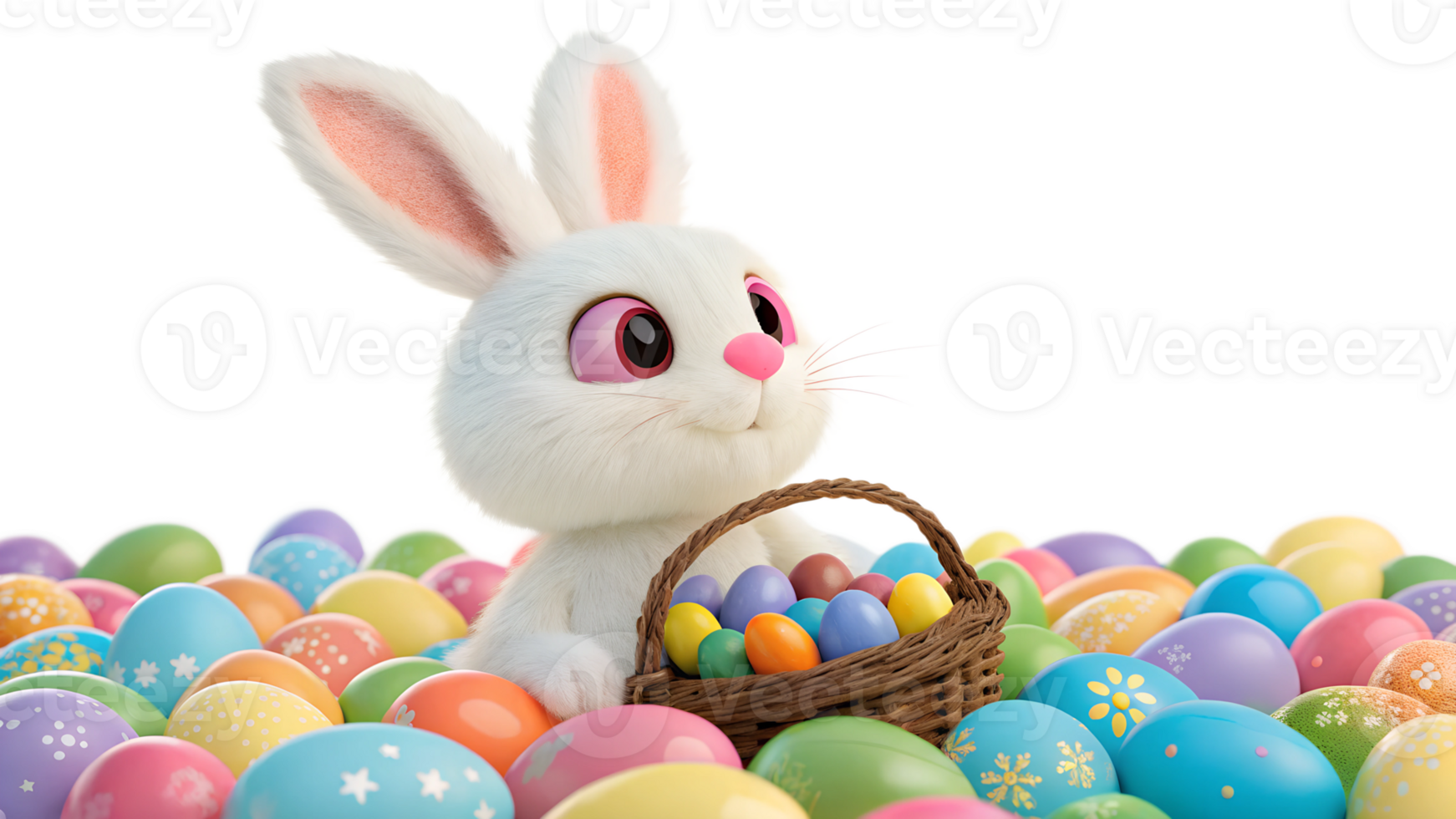 Bunny gathers colorful eggs in spring png