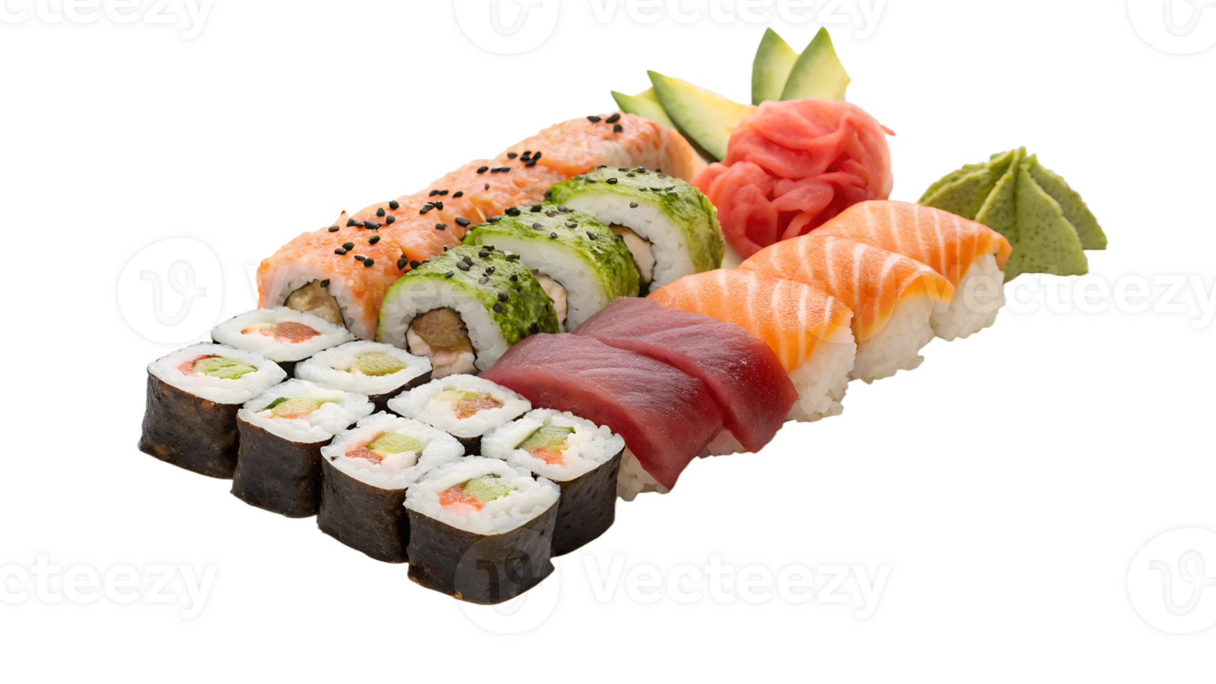 Delicious assortment of sushi rolls and sashimi png