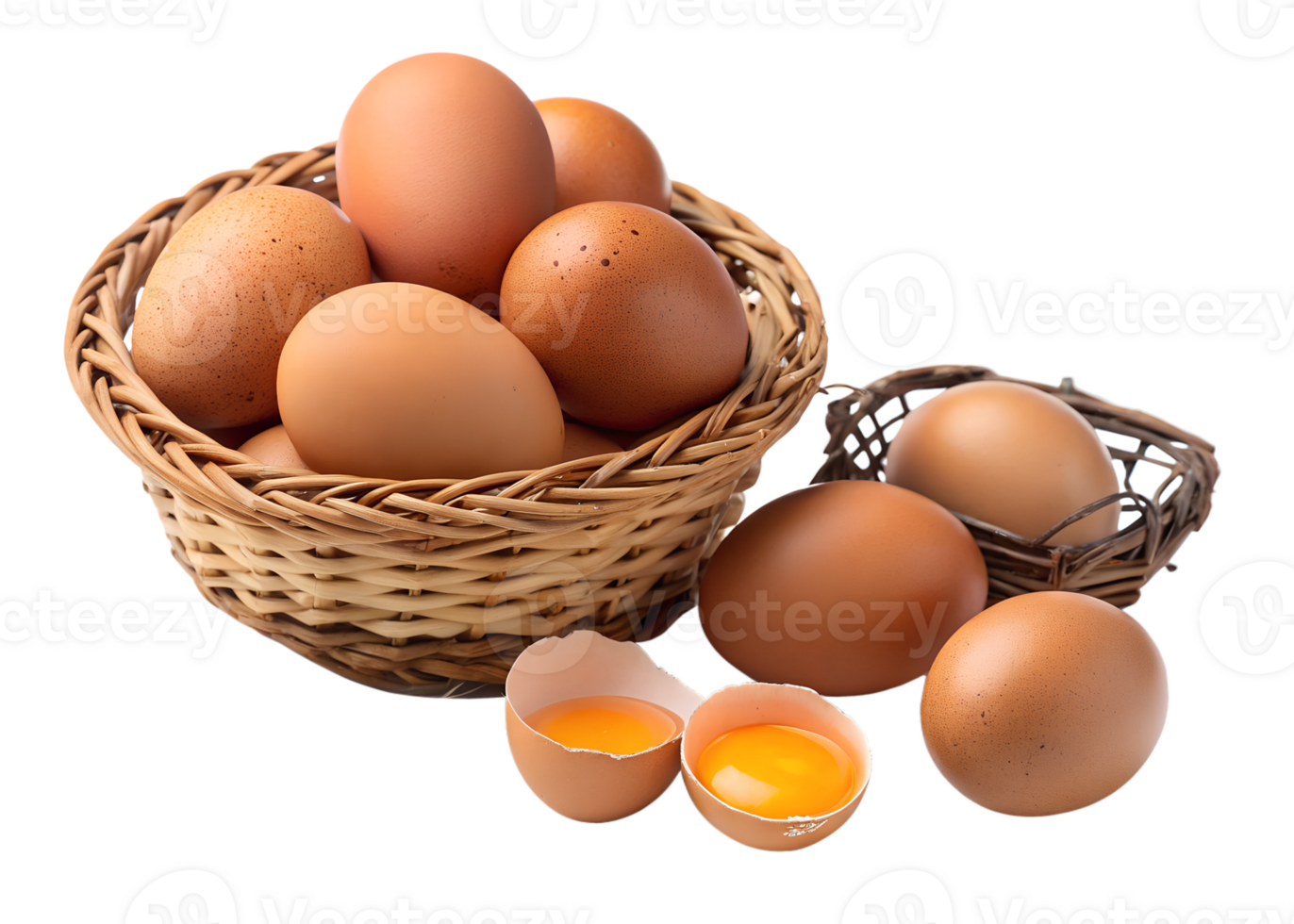 Basket of fresh brown eggs with cracked shells png
