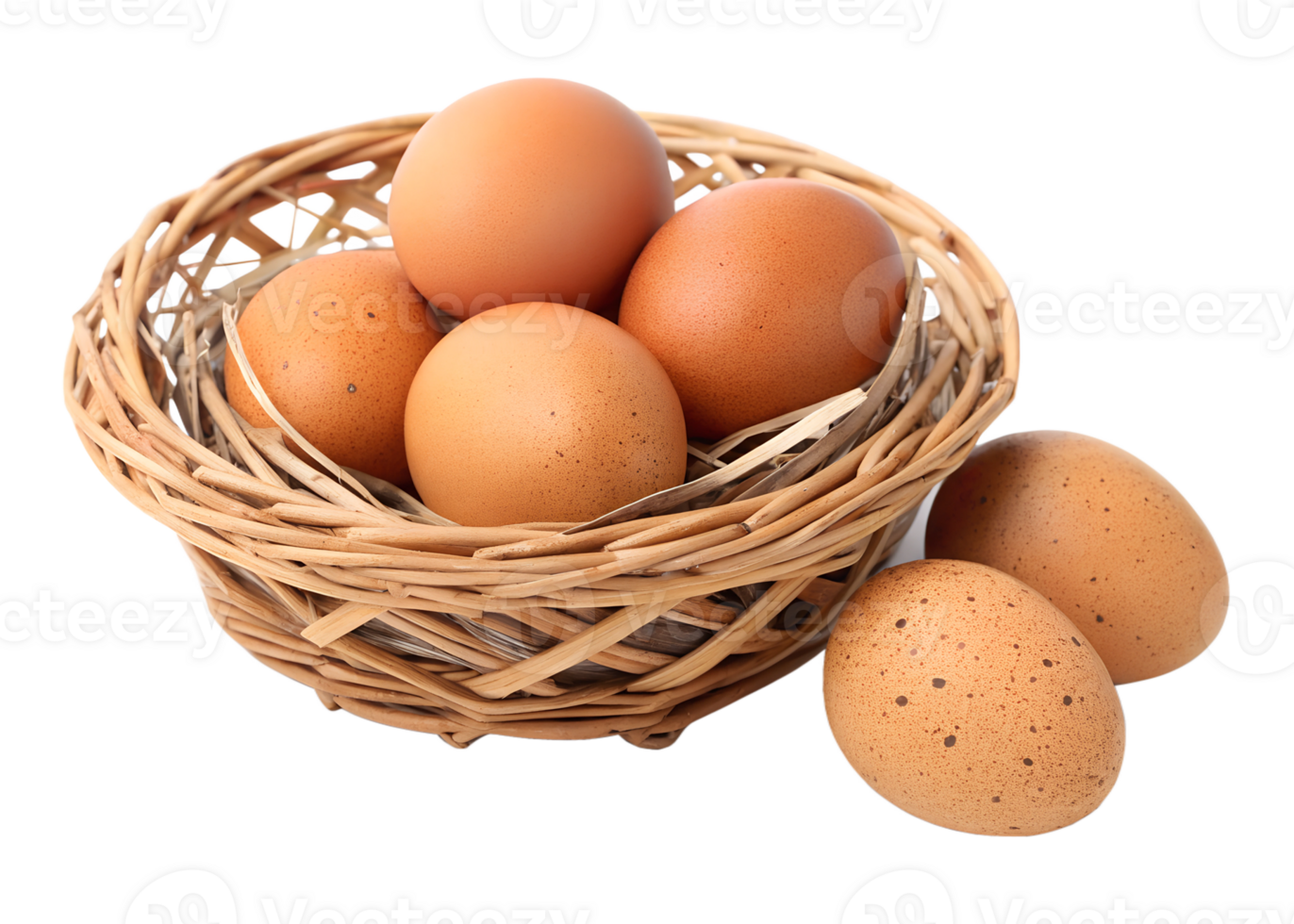 Fresh brown eggs in a woven basket on display png