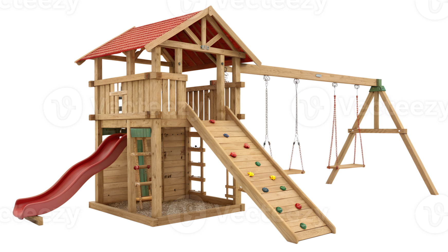 Wooden playground set with swings and slide png