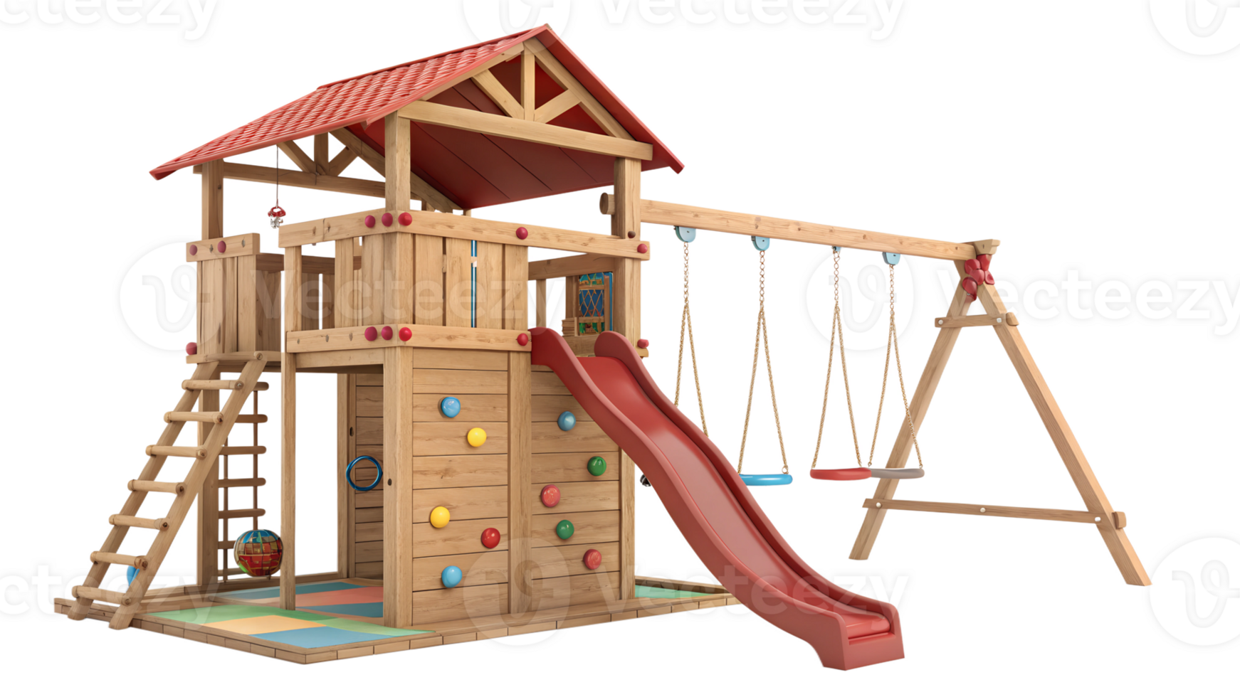 Wooden playhouse with slide and swings png