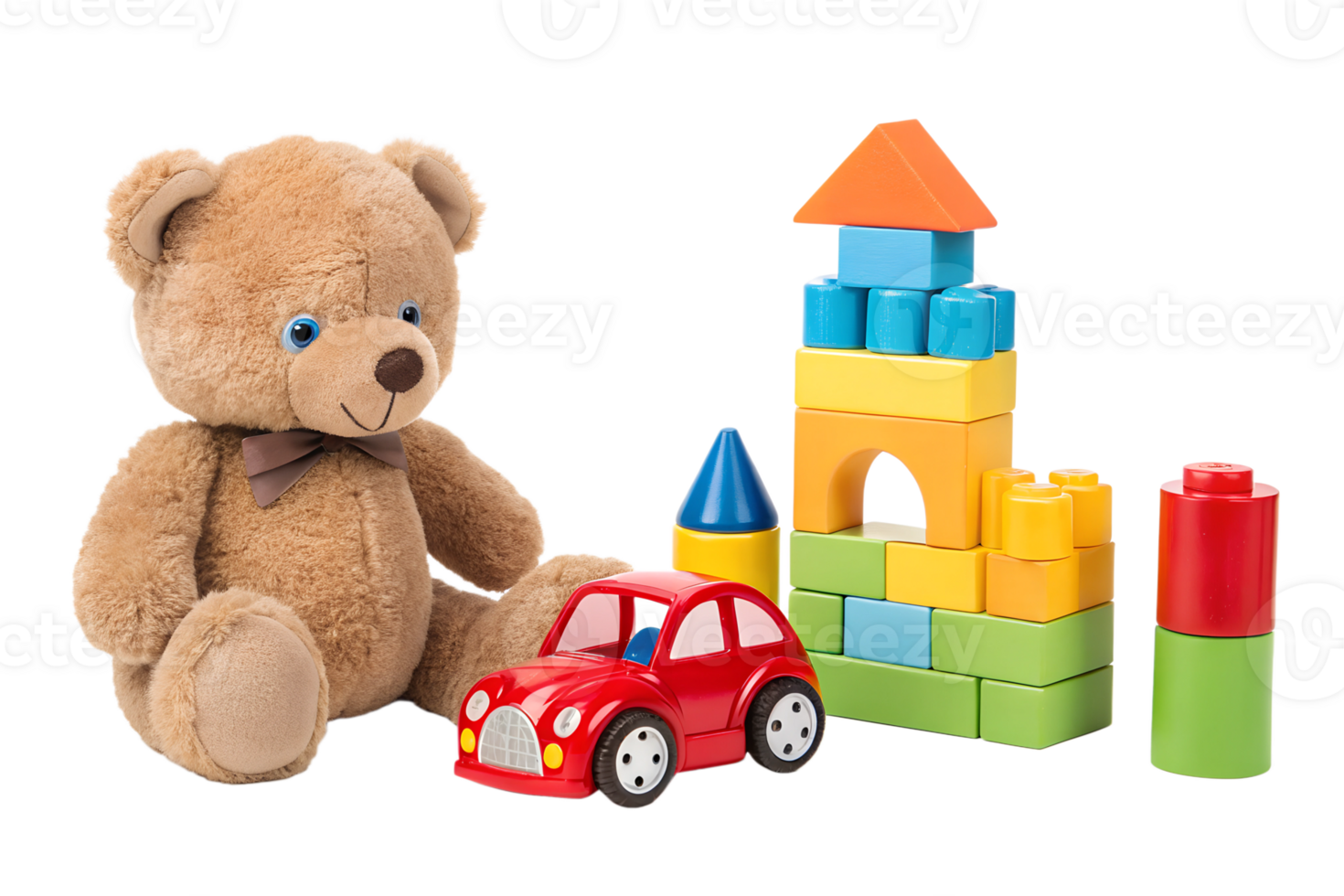 Colorful toys for imaginative play with soft bear png