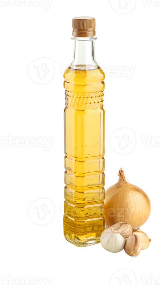 Cooking essentials with oil, onion, and garlic png