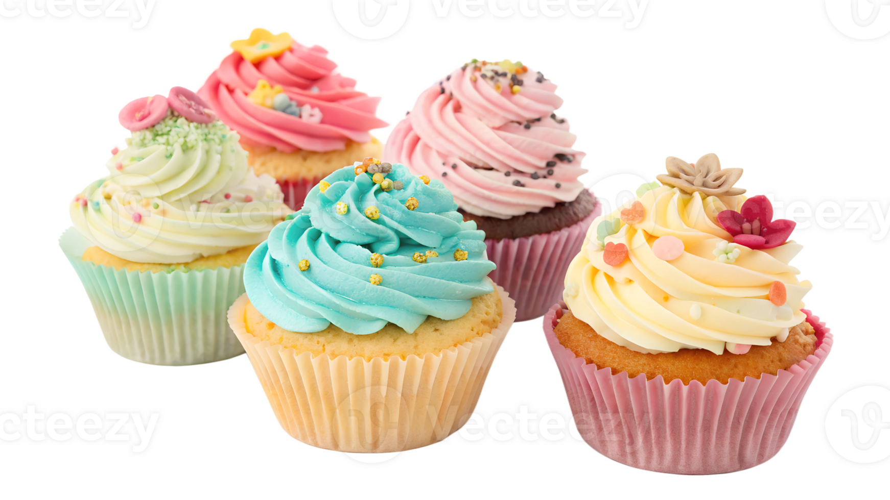 Colorful cupcakes displayed on a white background png