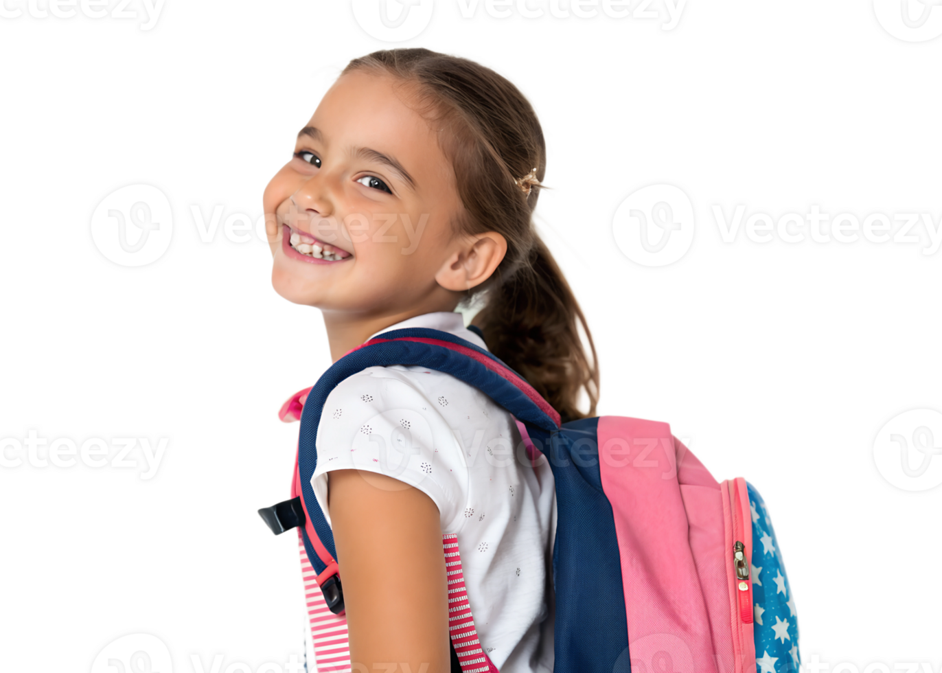Smiling girl with a colorful backpack in studio png