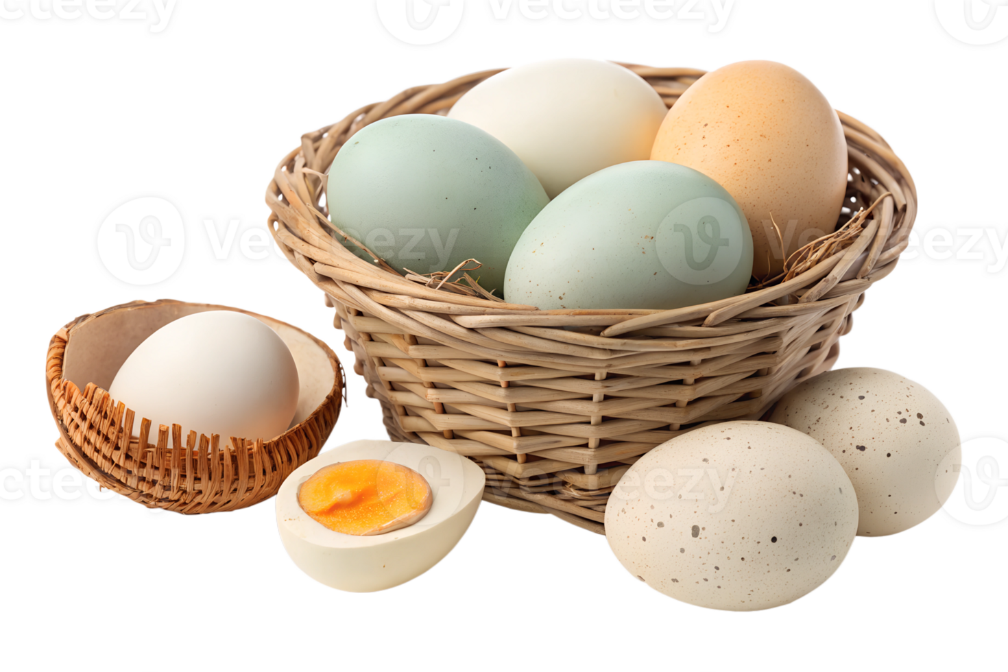 Fresh eggs in a basket with a sliced egg png