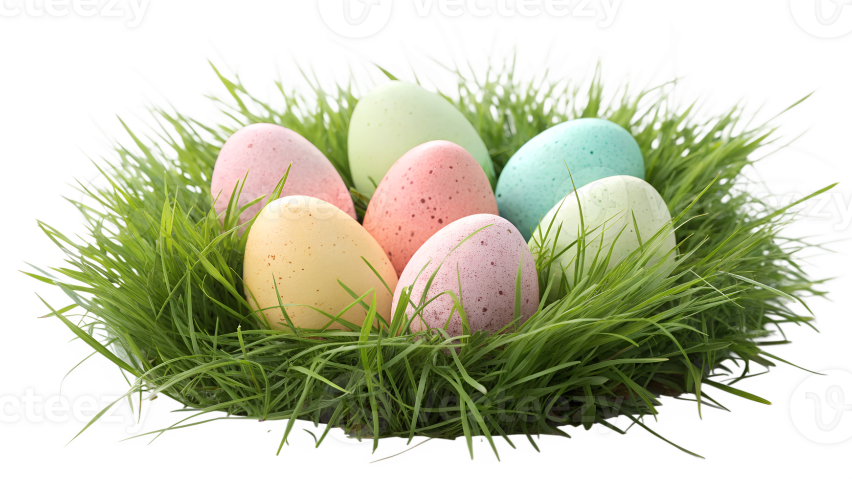 Colorful eggs arranged in green grass nest png