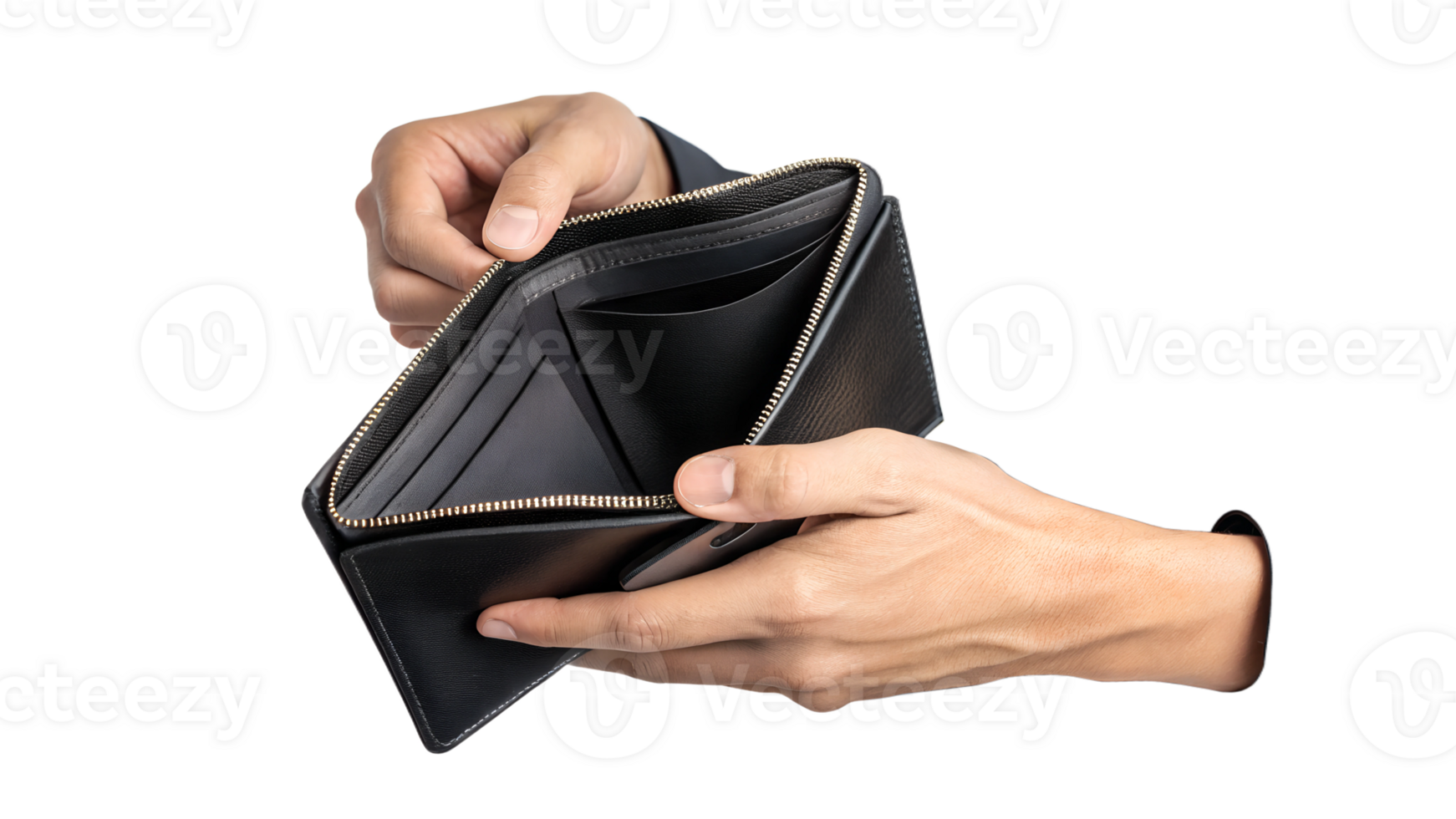 Hands holding an empty wallet on white png