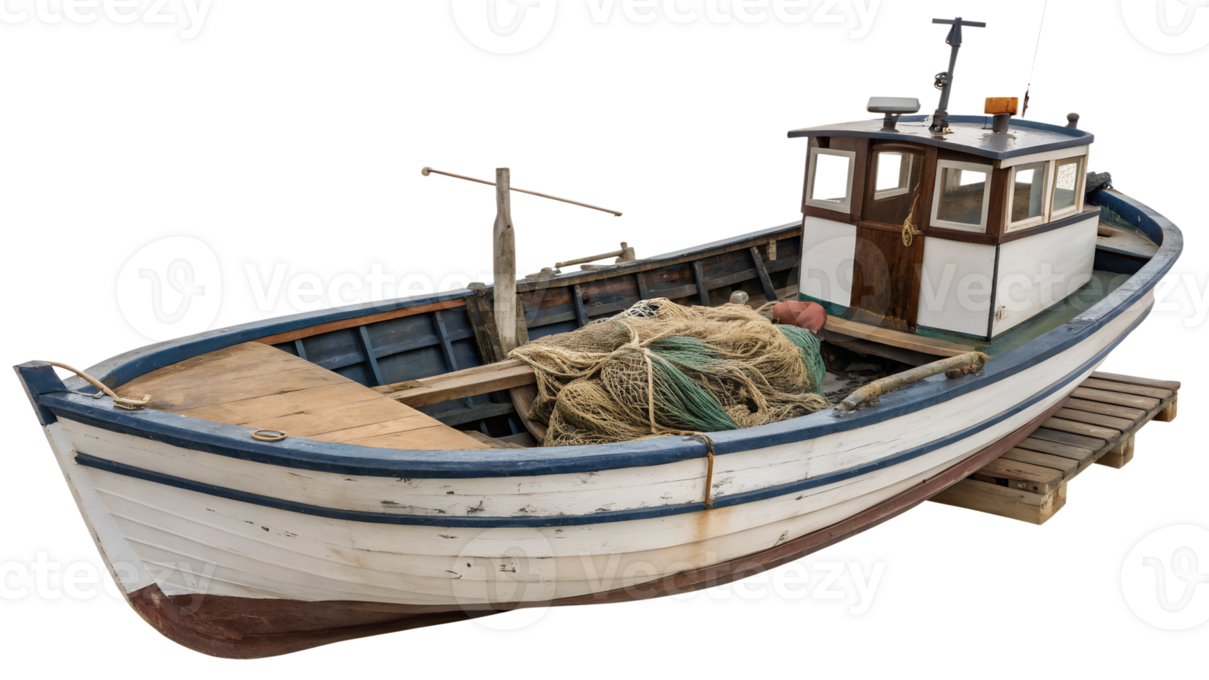 Traditional fishing boat on a dock in calm waters png