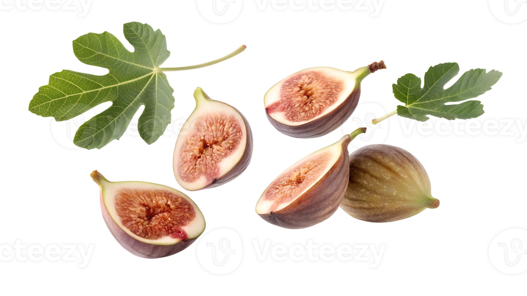 Fresh figs with green leaves displayed together png