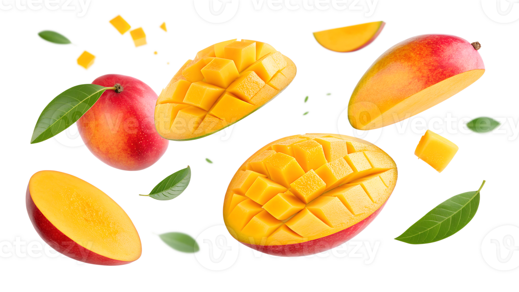 Mango slices and whole fruits on white png