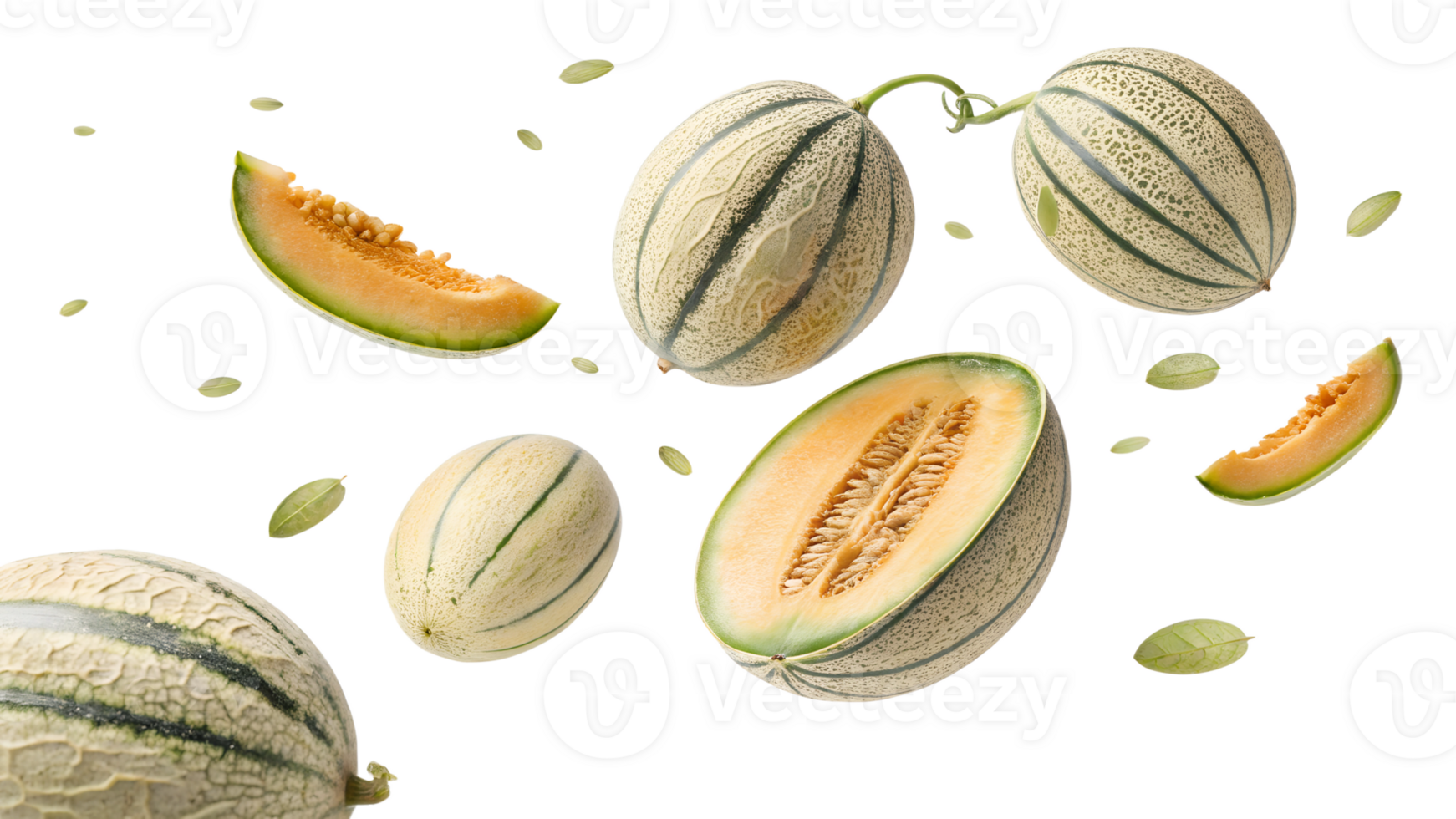 Fresh melons and seeds floating in the air png