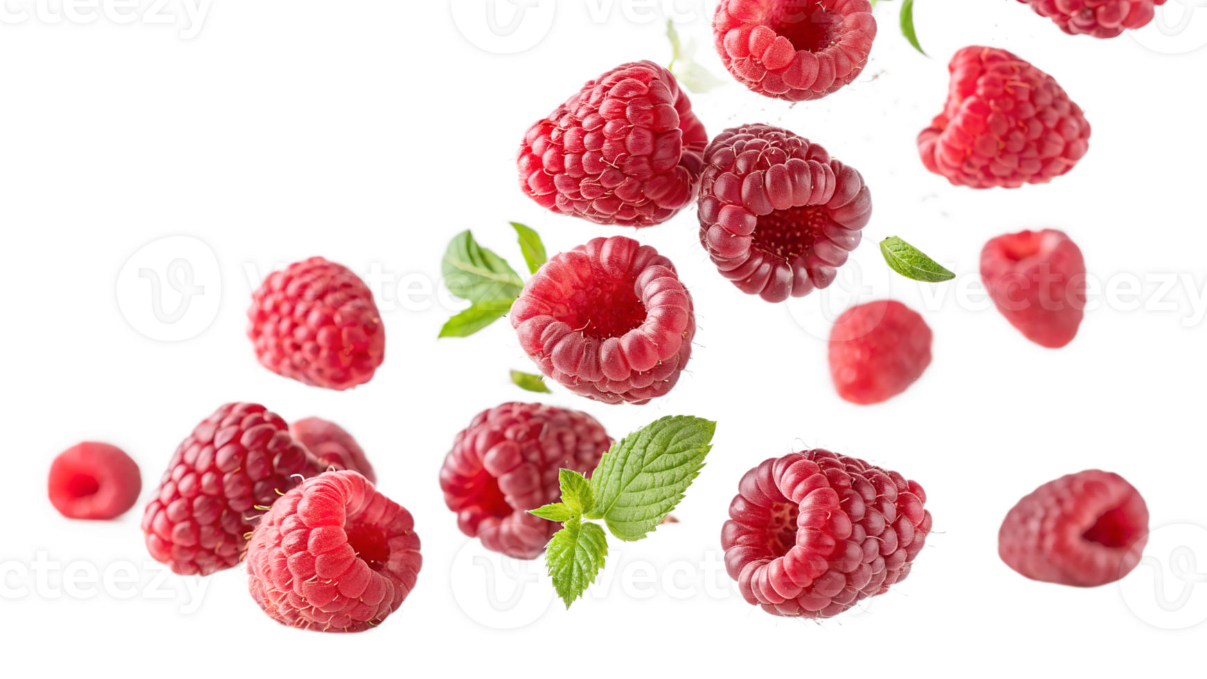Fresh raspberries and mint leaves in mid air png