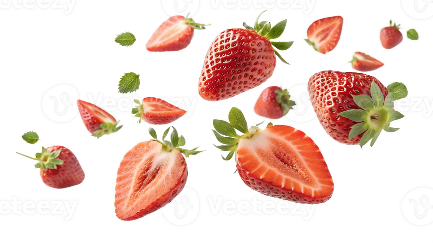 Fresh strawberries in midair with green leaves png