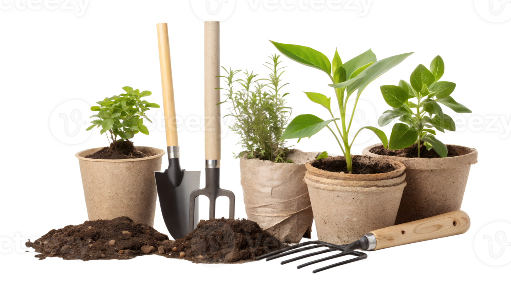 Gardening tools and plants arranged for planting png