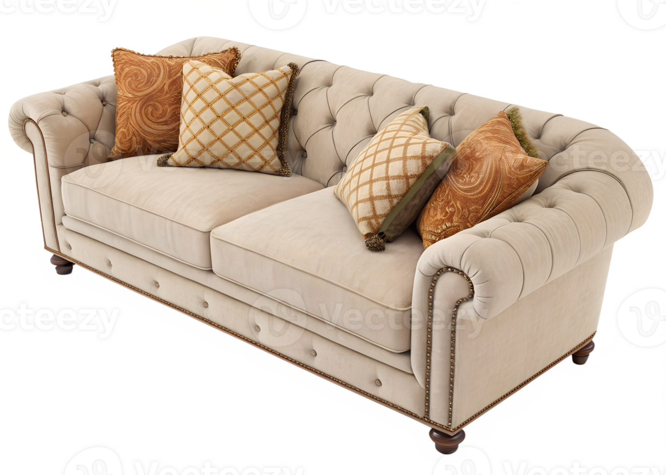 Elegant tufted couch with decorative cushions png