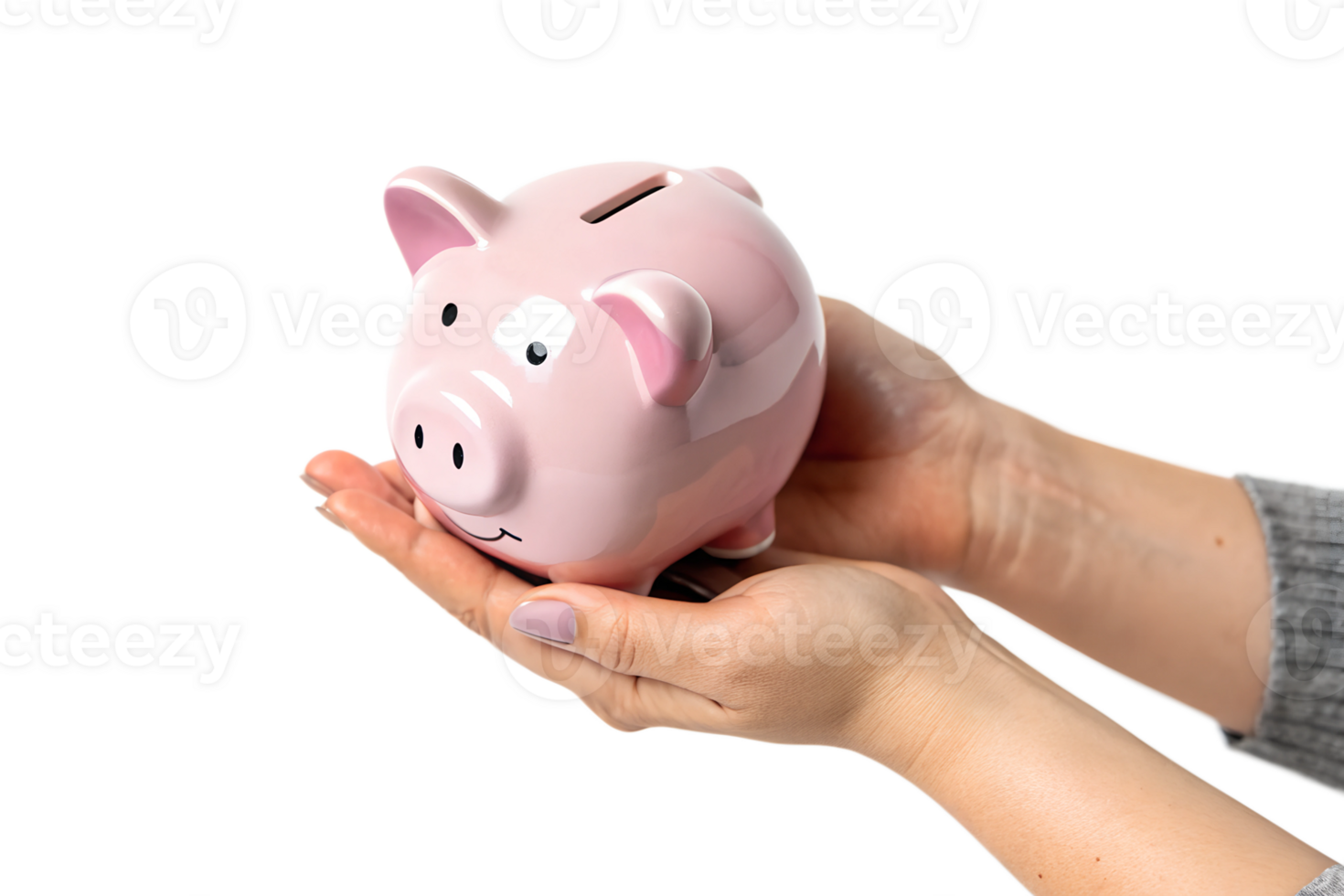 Holding a pink piggy bank in hands for savings png