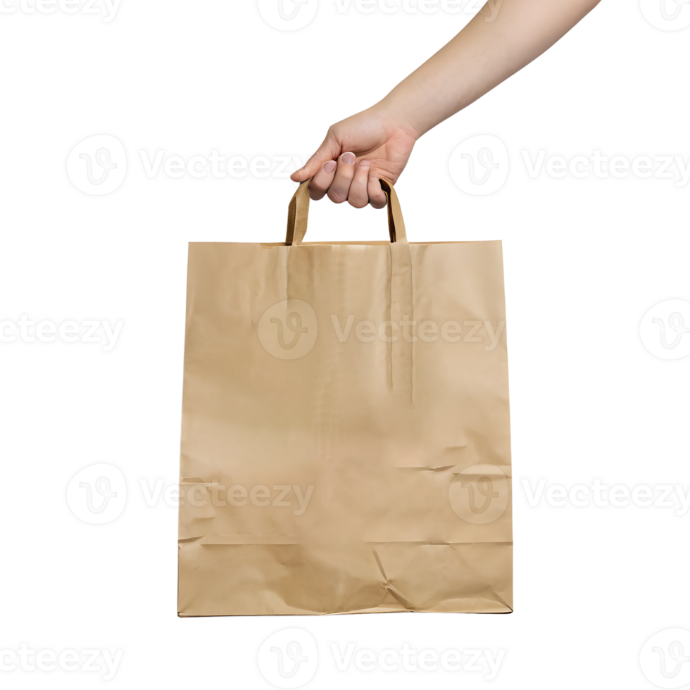 Hand holding a brown paper shopping bag png