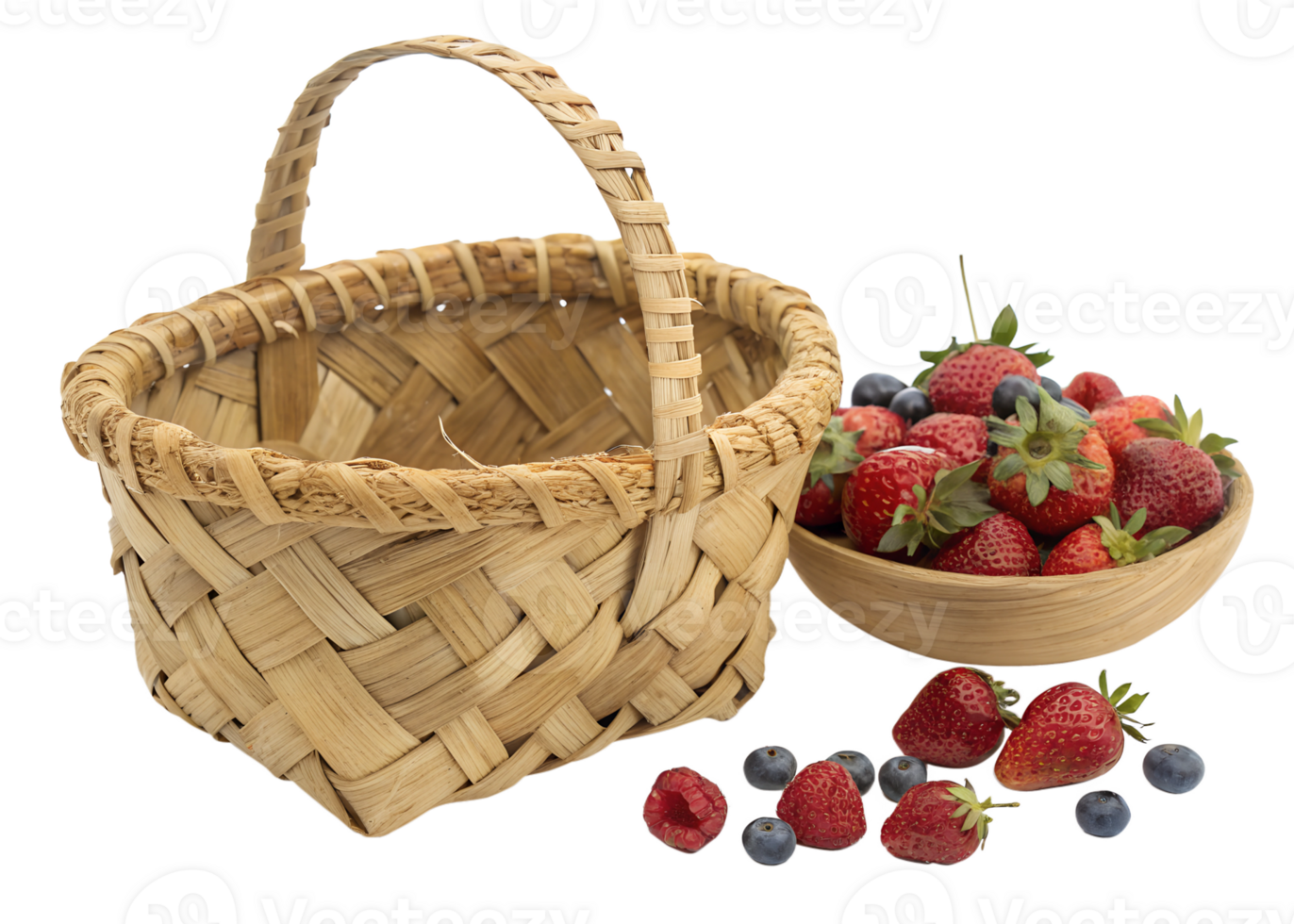 Fresh berries in a wooden bowl beside a basket png