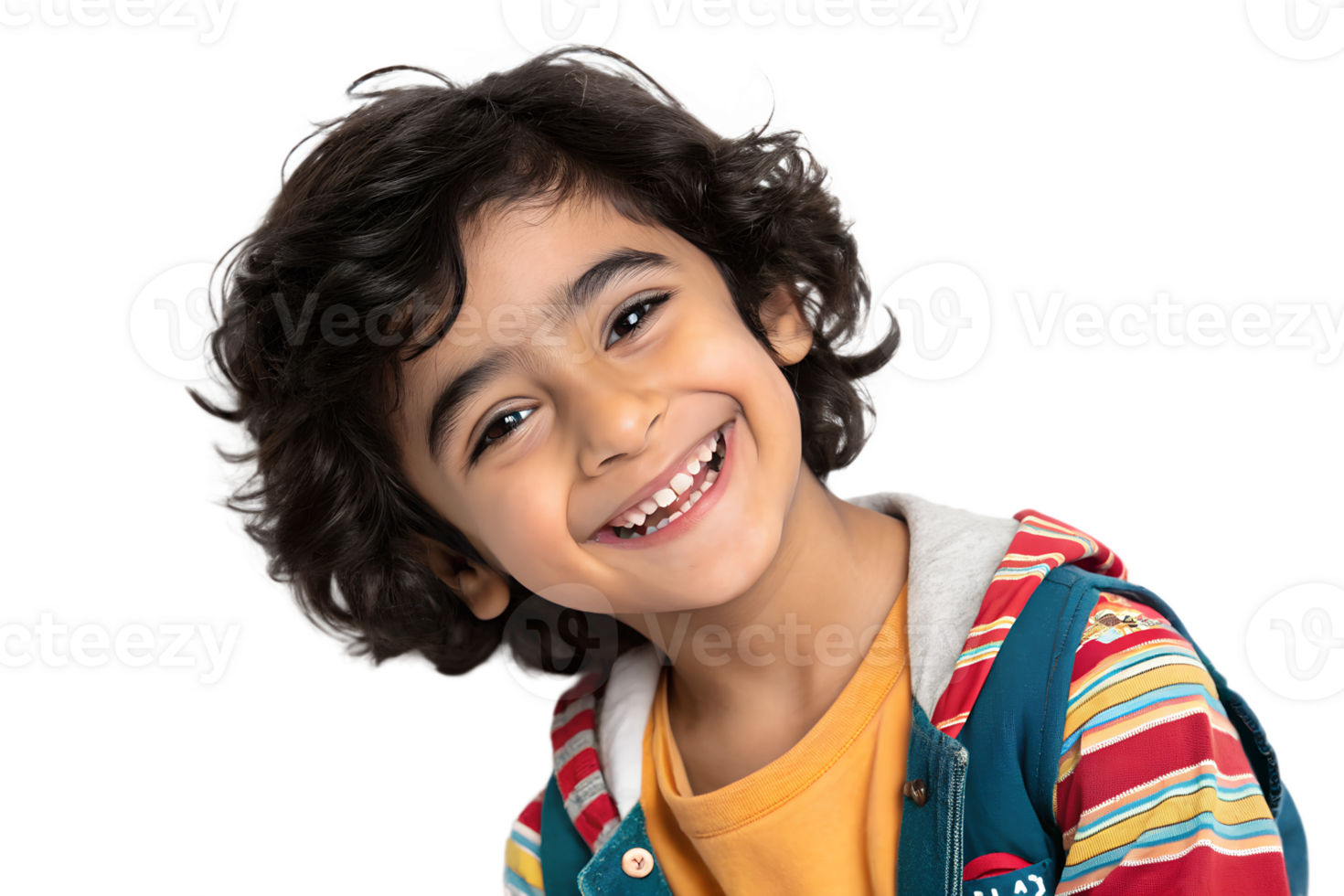 Curly haired child smiles in studio png