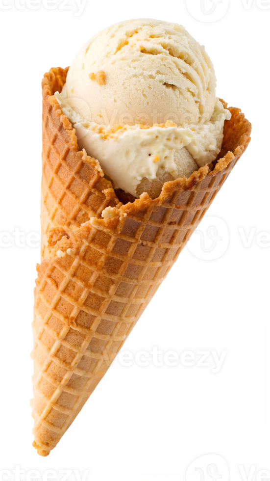 Delicious vanilla ice cream in a waffle cone treat png