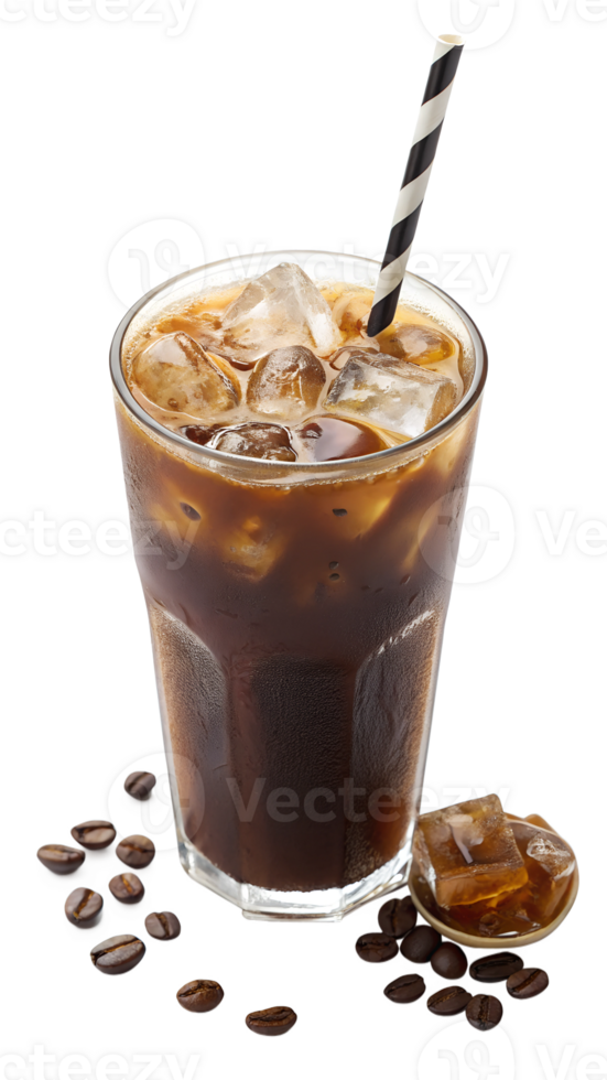 Refreshing iced coffee drink with ice and straw png