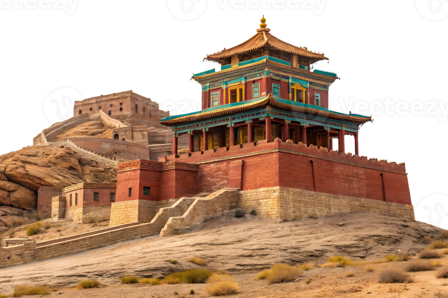 Historic temple stands atop rocky hill in Mongolia png