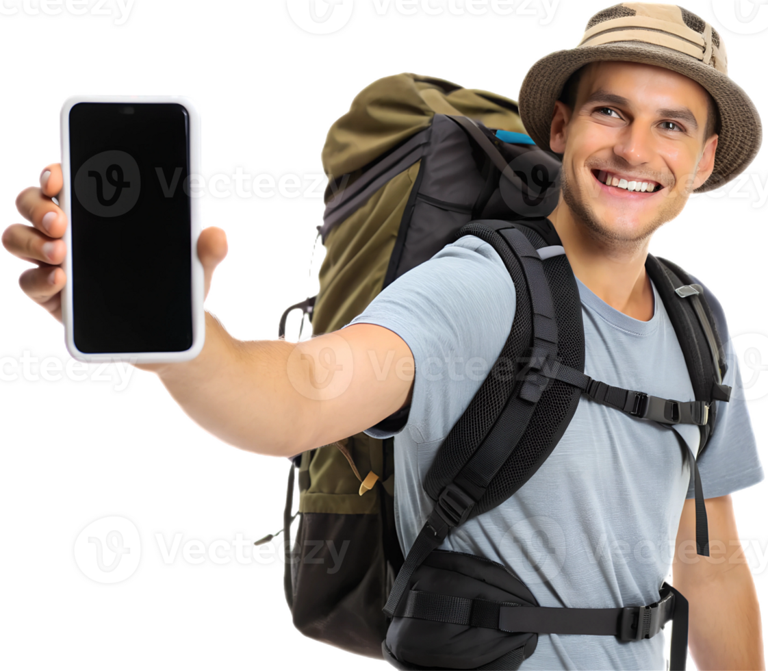 Traveler smiles while showing smartphone in nature png