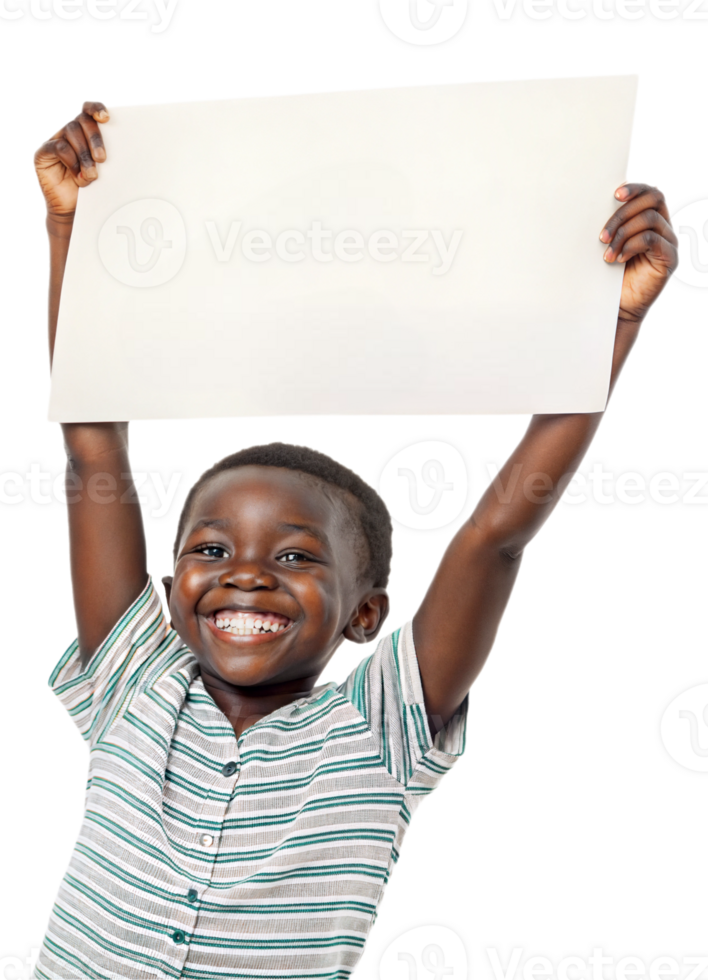 Smiling child holds blank sign with joy indoors png