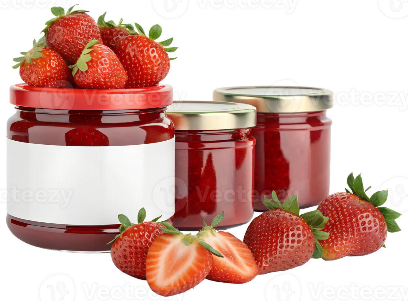 Fresh strawberries and jars of homemade jam png