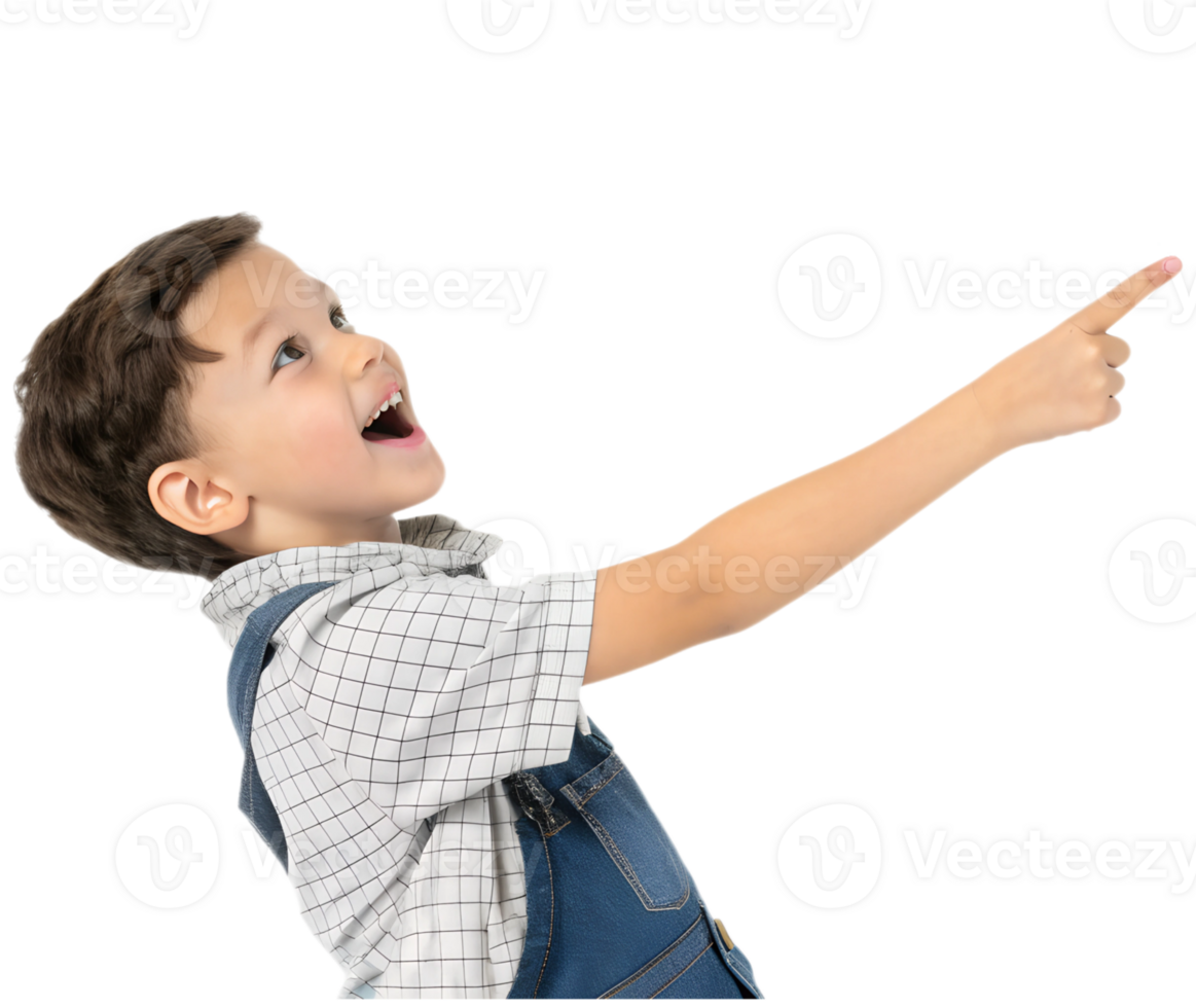 Young boy joyfully pointing at something above png