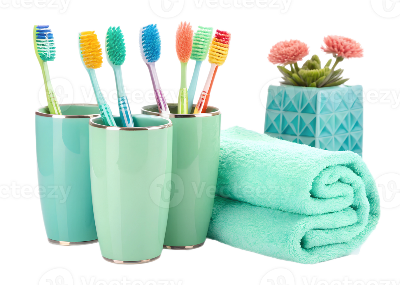 Vibrant toothbrushes and towels in bathroom png